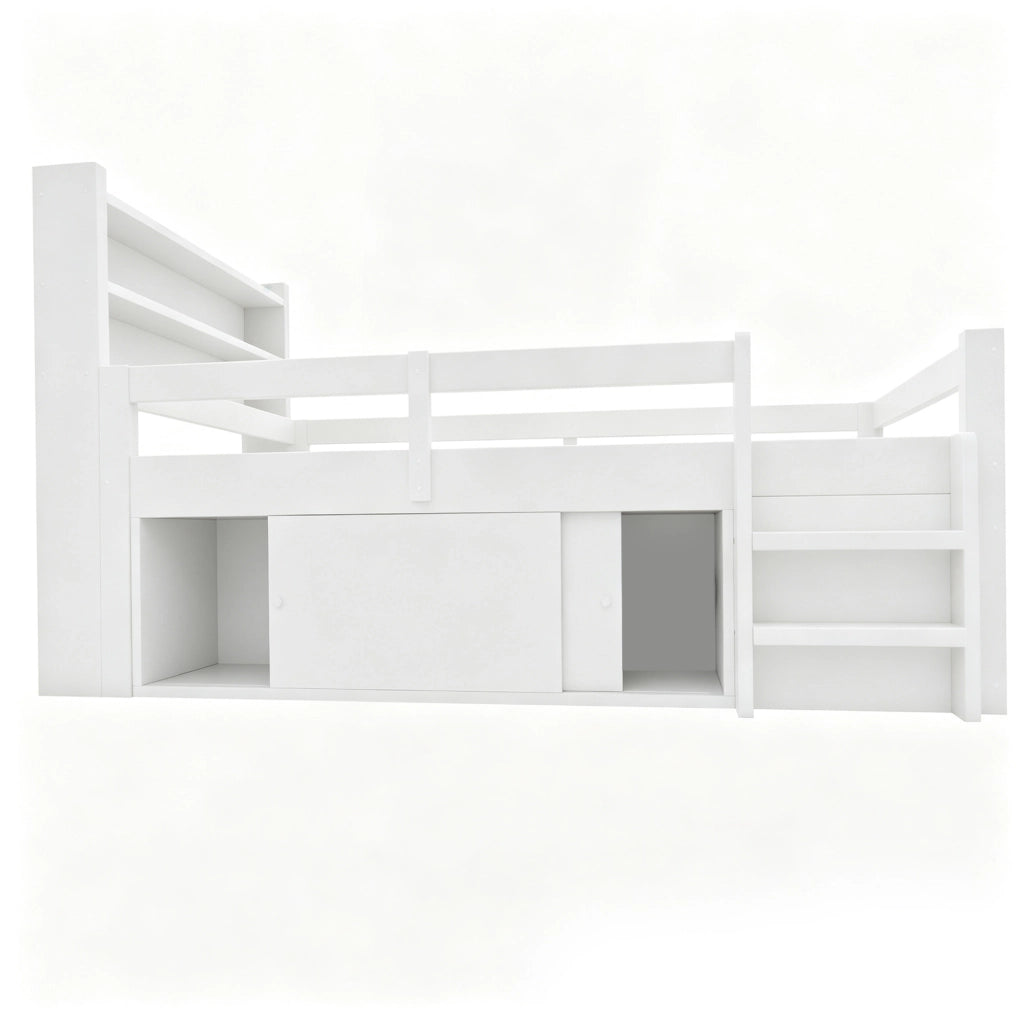 Letto a soppalco 90x200 cm con contenitore; LED e USB in legno bianco