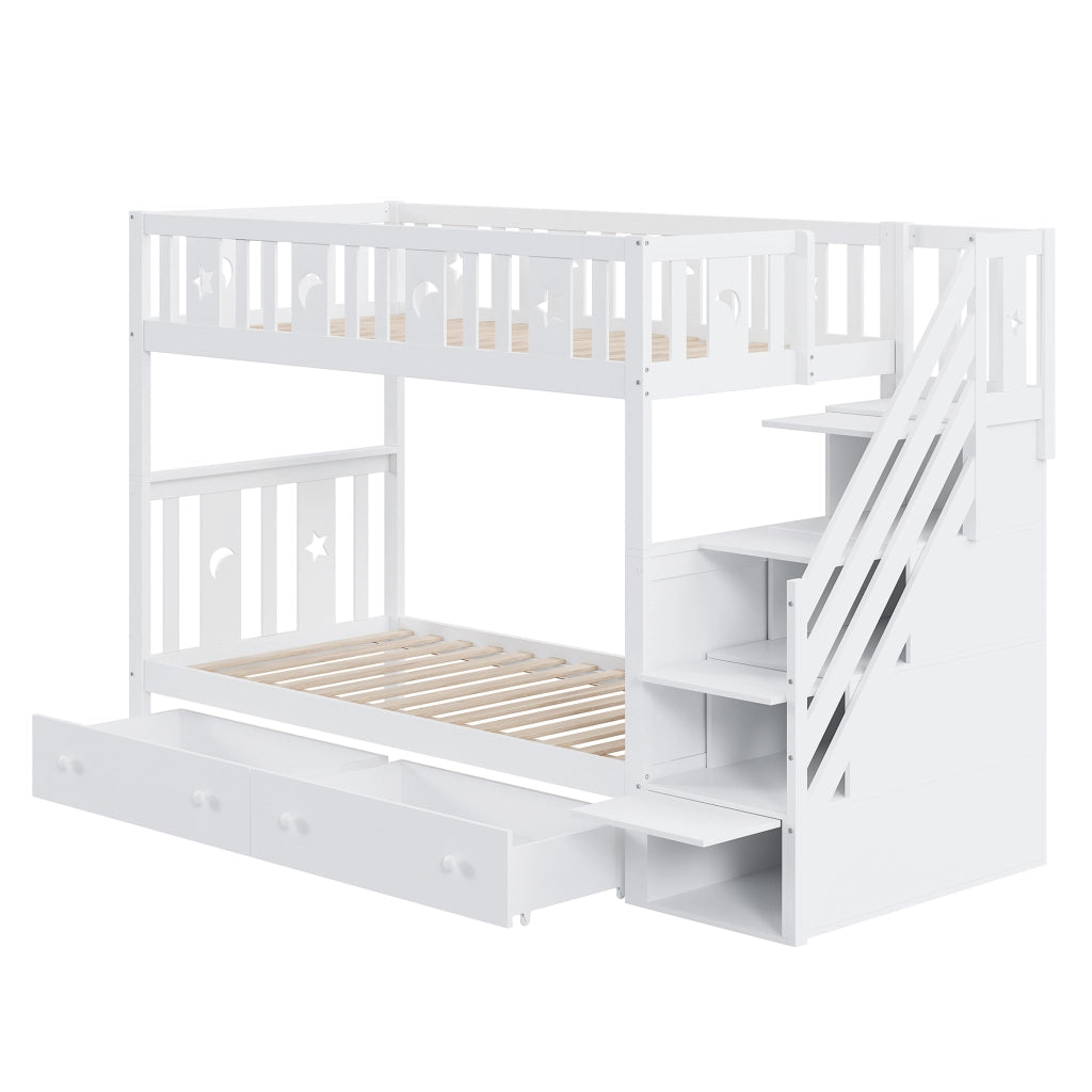 Letto a castello per bambini 90x200 cm con scala contenitore e 2 cassetti bianco