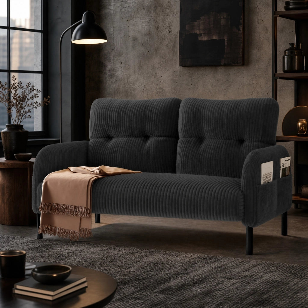 Divano a 2 posti in corduroy grigio 120 x 75 x 79 cm; con tasca laterale e gambe in metallo
