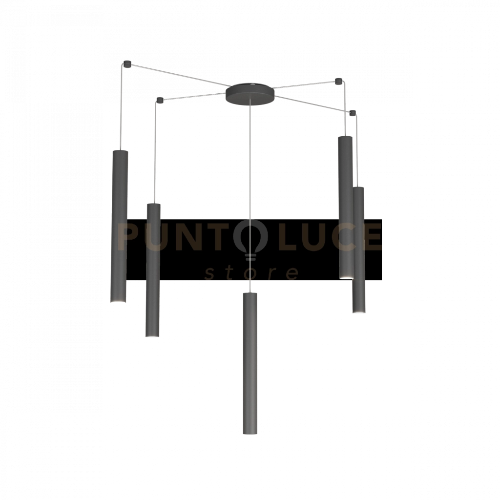 ROUND TUBE SOSPENSIONE 5 LUCI GRIGIO ANTRACITE CAVO CM.250 CON BASE 1174-S5-GA