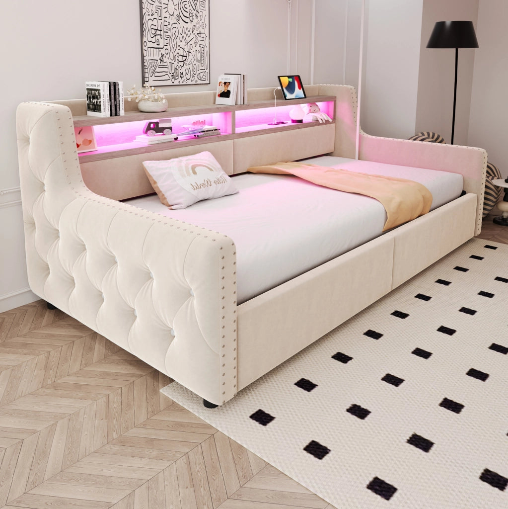 Divano letto imbottito 90 x 200 cm in velluto beige con contenitore, LED e prese