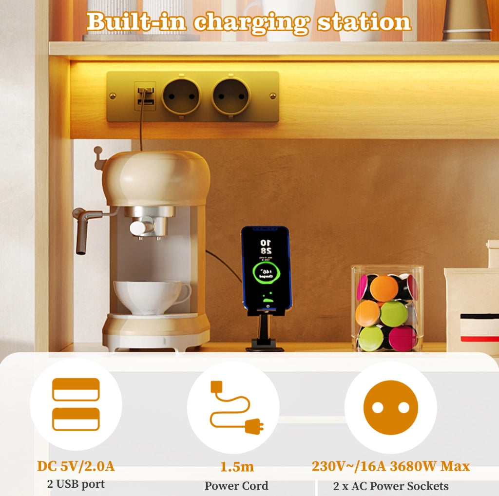 Buffet cucina con LED APP; prese e porte in vetro temperato 105x40x185 cm; MDF; nero/naturale