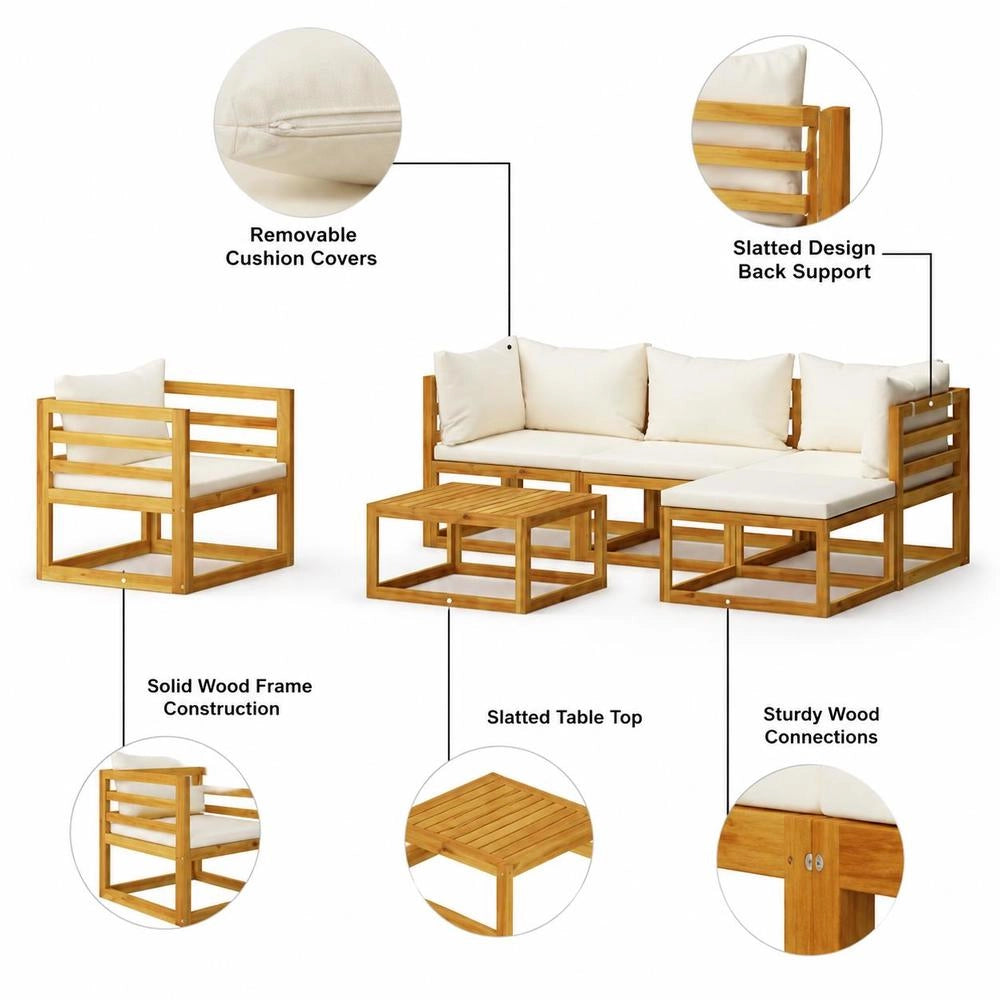 6-piece Garden Lounge Set With Cushions, Cream Solid Acacia Wood