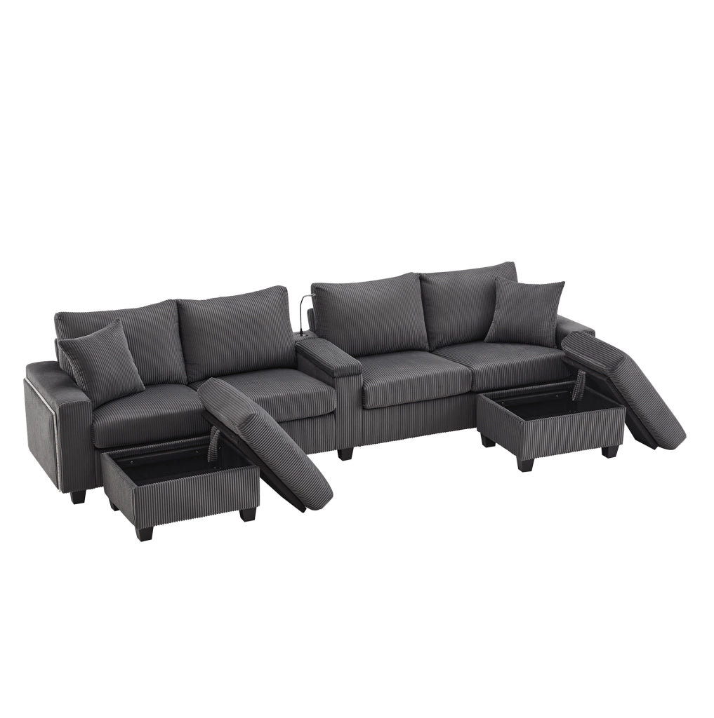 Divano a U in velluto a coste grigio con 2 pouf contenitore; LED; USB e Type-C HOMVRA
