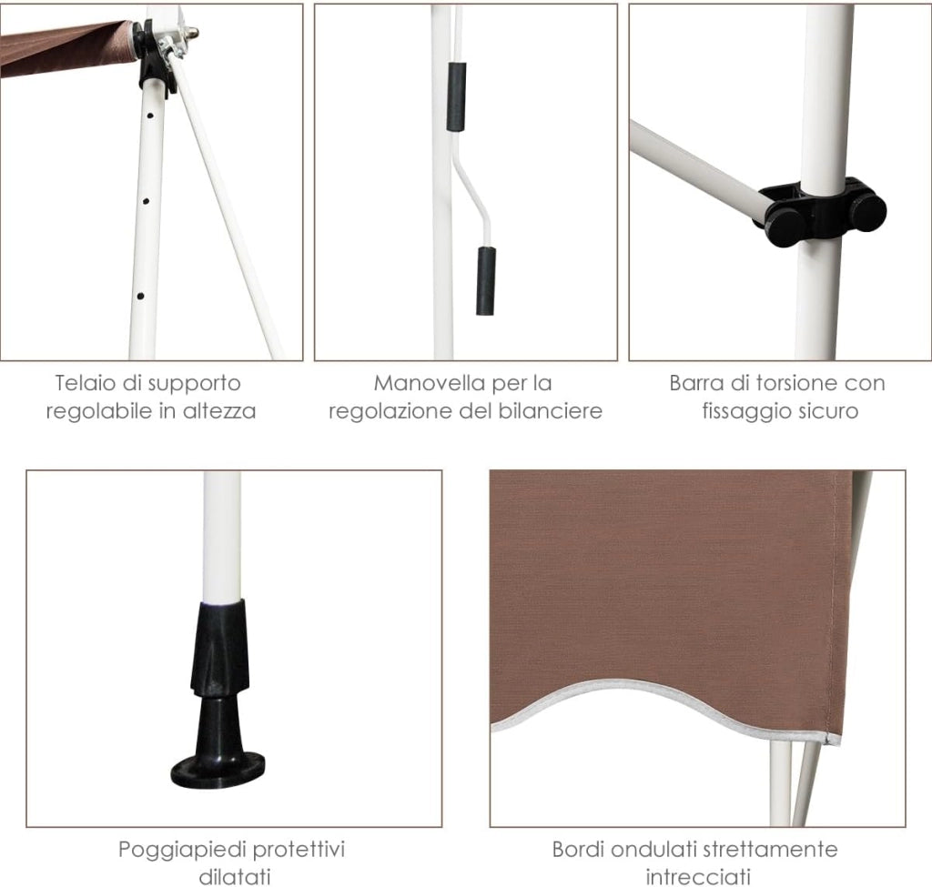 Tenda da Sole per Esterno, Tenda da Sole a Morsetto per Balcone con Struttura Telescopica e Tessuto Resistene ai Raggi Solari, Regolabile in Altezza e in Angolazione (200 cm,Marrone)