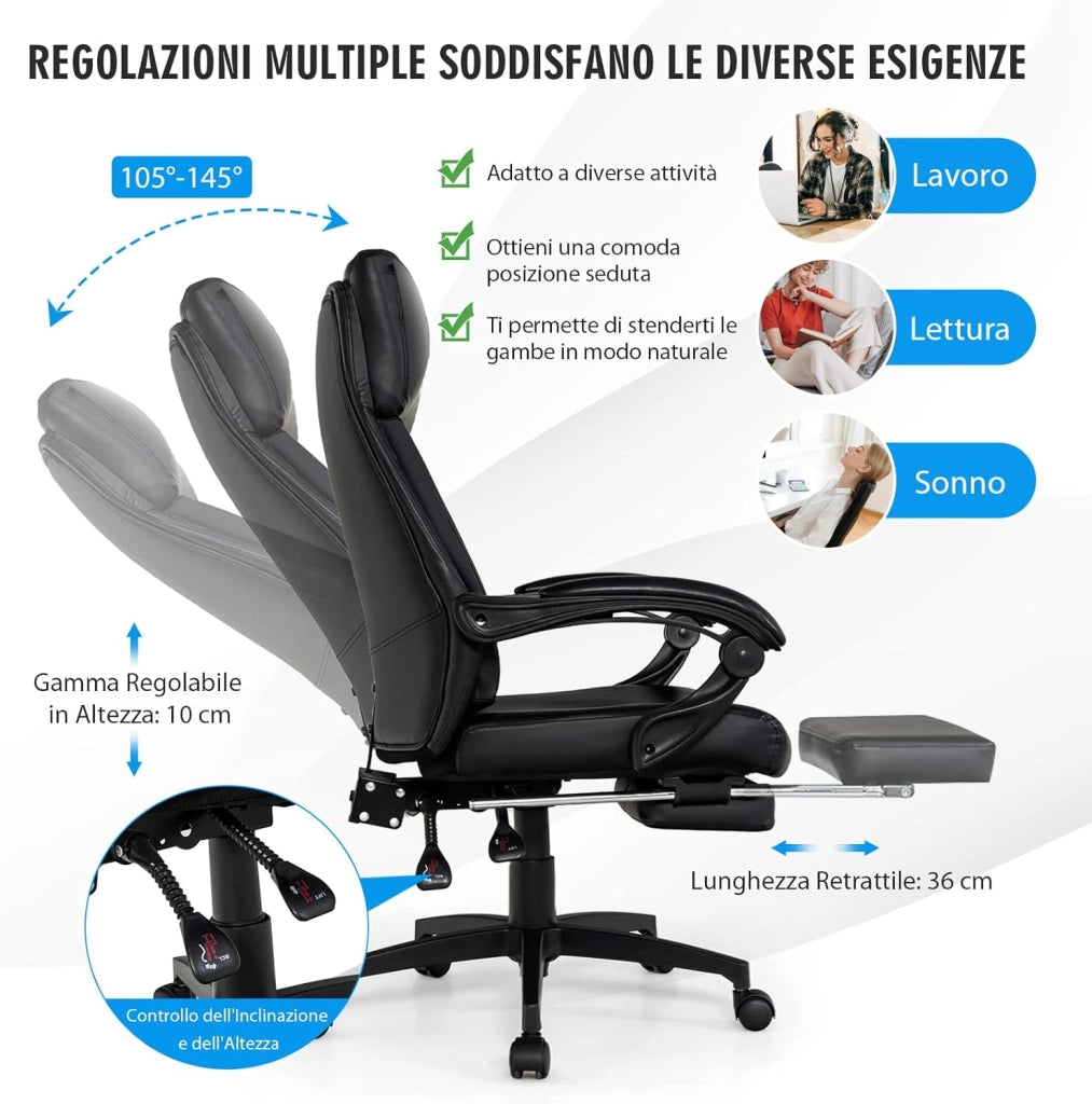 Sedia da Ufficio Girevole a 360°, Poltrona con Schienale Alto in Pelle Reclinabile, Altezza e Schienale Regolabile, Ergonomica Poggiatesta, Bracciolo e Poggiapiedi, Ruote, Portata 150 kg