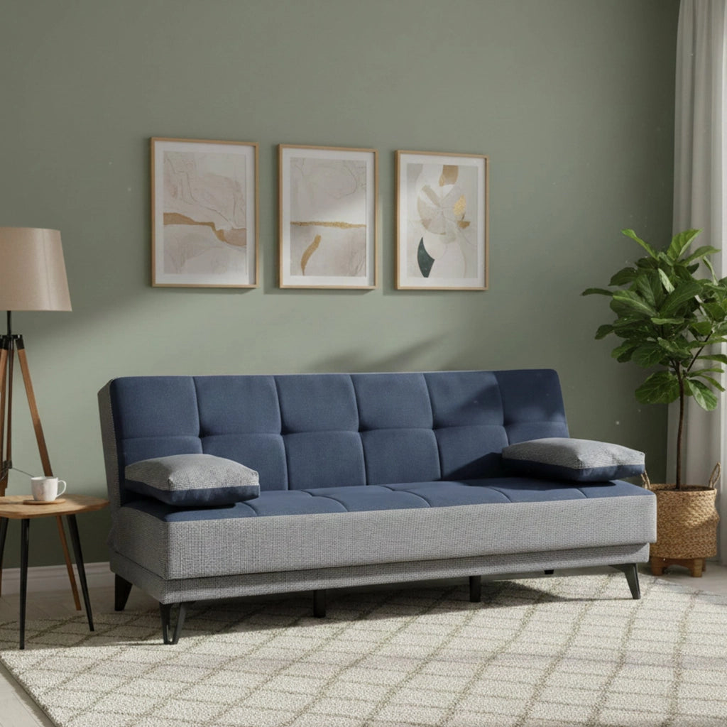 Divano letto Aborigeni, Divano letto a 3 posti con piedini in metallo nero , SofÒ  da soggiorno in tessuto imbottito con apertura click-clack, 190x87h97 cm, Grigio e Blu