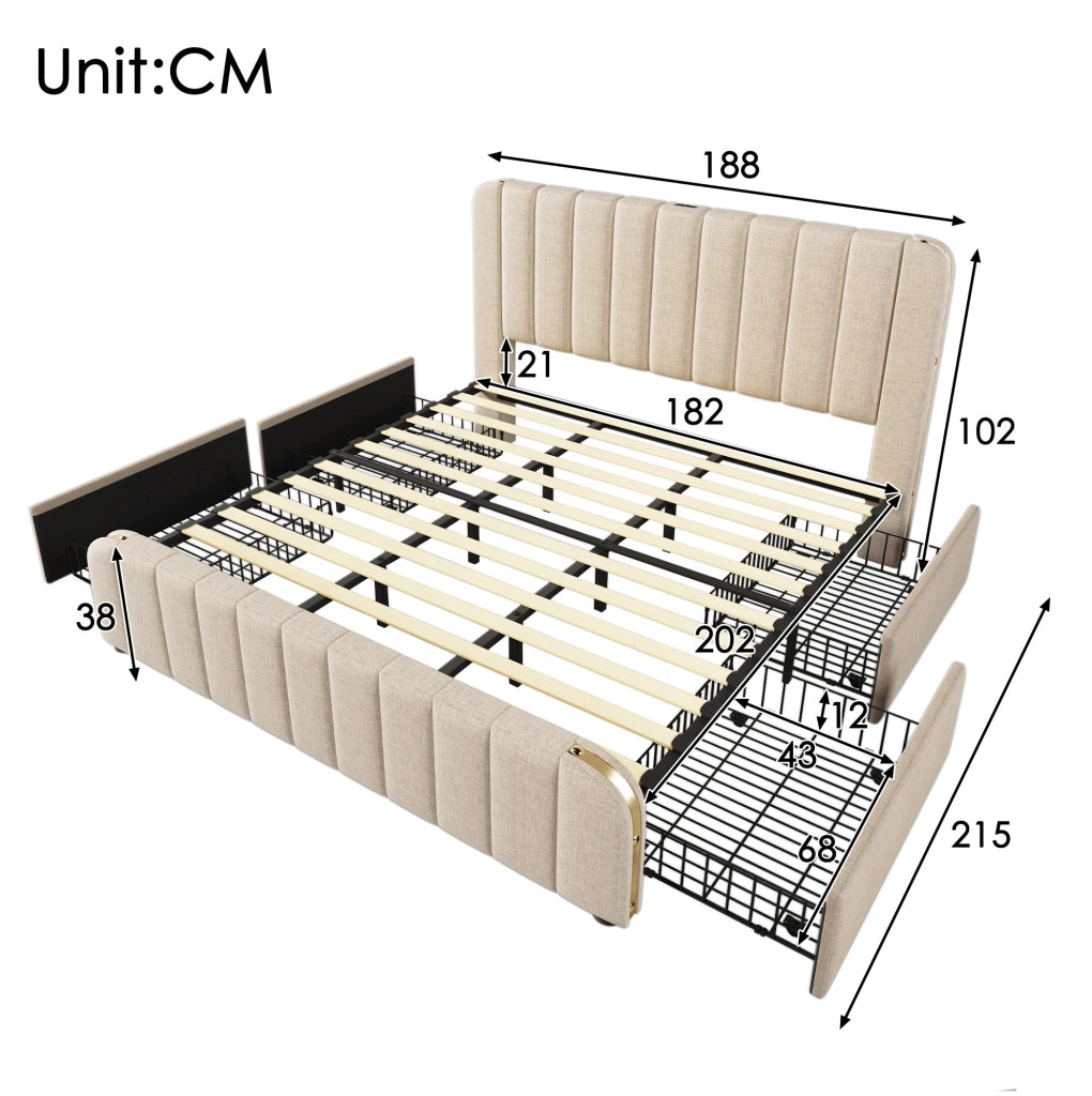 Letto matrimoniale 180x200 cm in lino beige con testiera imbottita; USB e 4 cassetti