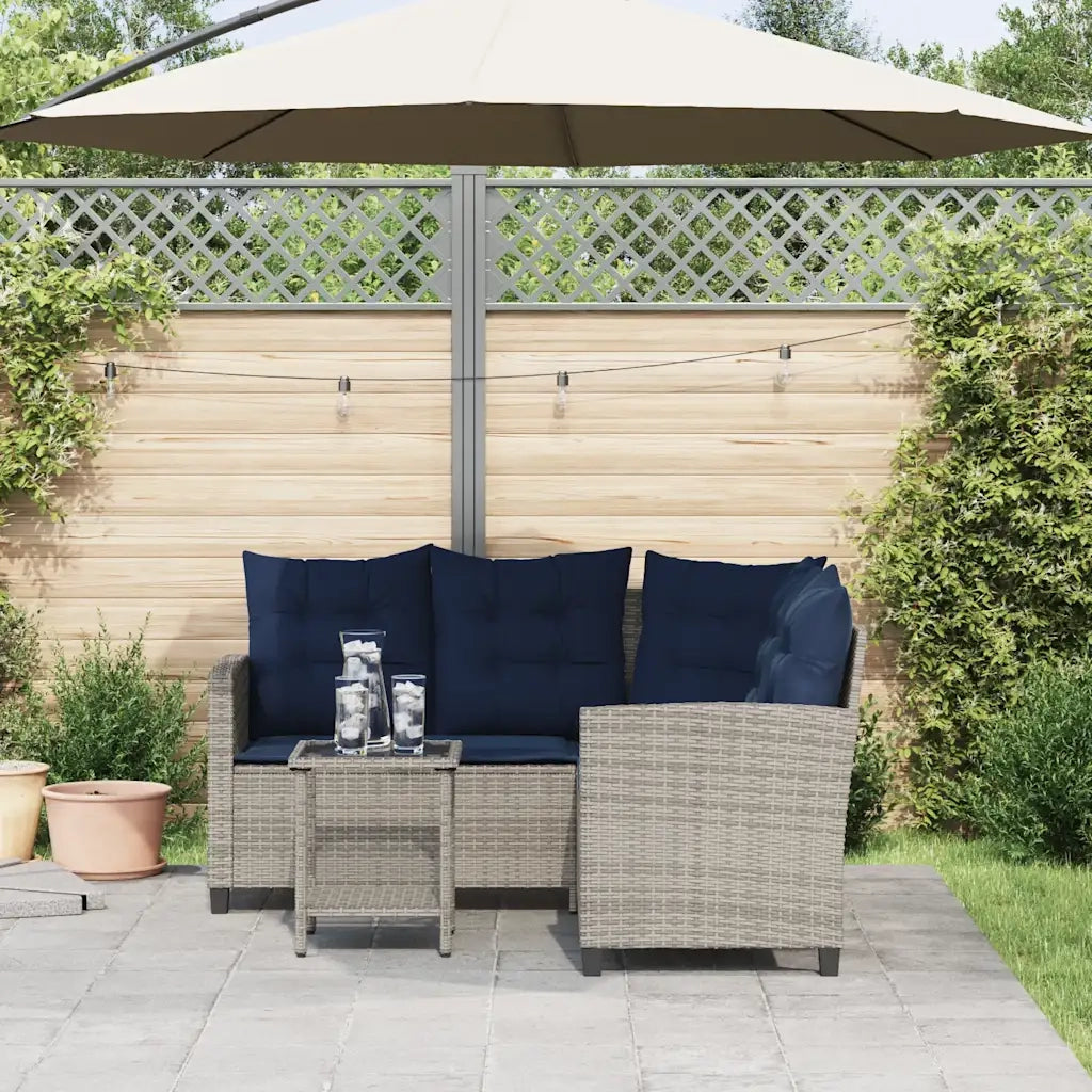Divano da Giardino con Tavolo e Cuscini a L Grigio Polyrattan