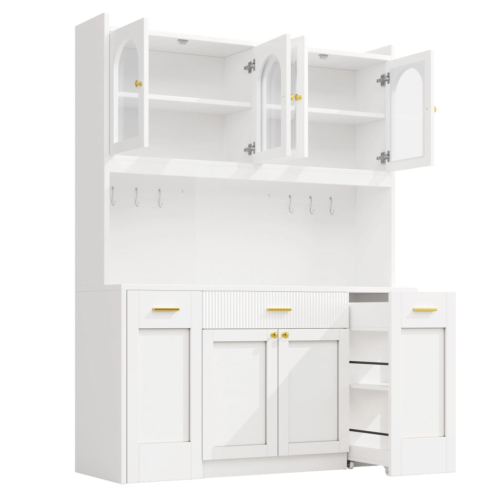 Credenza con 3 vetrine; LED RGB e vani scorrevoli - per cucina - 120x40x187 cm - bianco