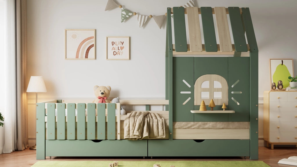 DESMIU Letto per bambini 1 posto con 2 cassetti, sponde, tetto e finestra, 90 × 200 cm, senza materasso