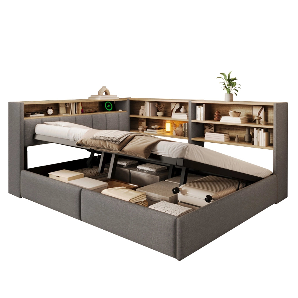 Letto Contenitore Matrimoniale LEMONMAX 140x200 cm con Sollevamento Idraulico, LED APP, USB-A/USB-C e Modulo Laterale, Velluto Grigio
