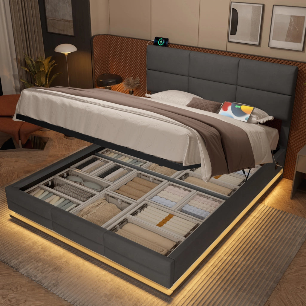 Letto imbottito in velluto 140x200 grigio; testiera regolabile; USB/Type-C; LED; vano idraulico