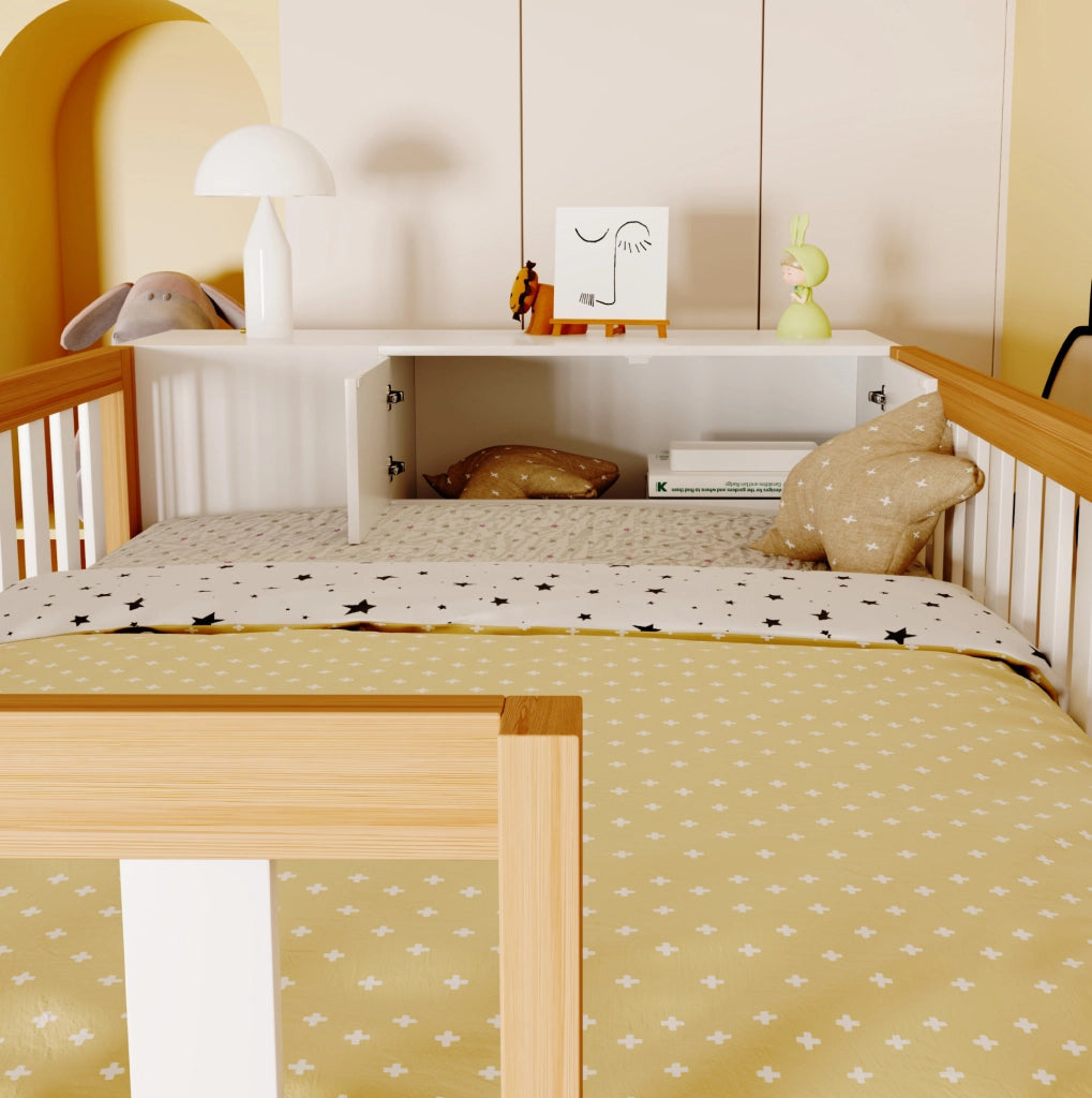 Letto a soppalco ULEVR 90x200 cm con armadio, scaffali e scala con cassetti, bianco e legno naturale