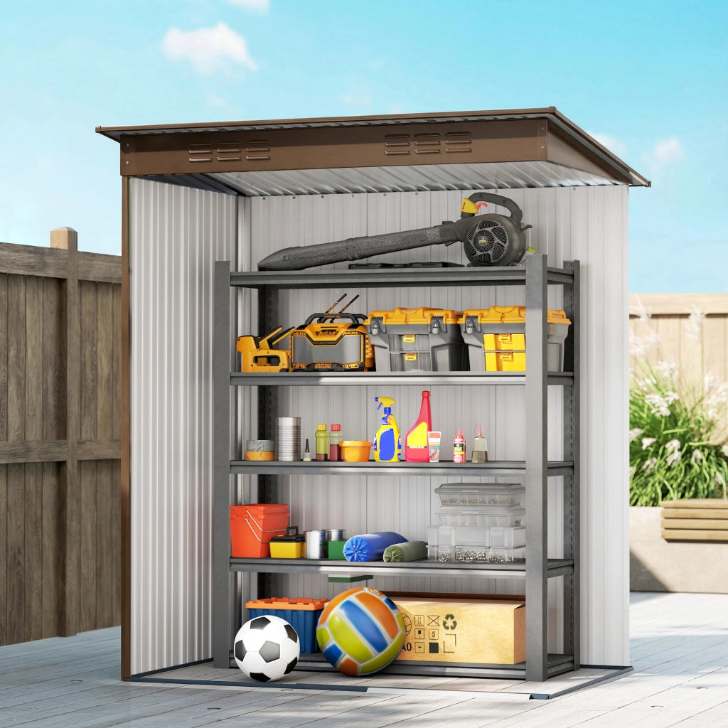 Casetta da Giardino 159x106x181 cm con Prese d'Aria e Porta Scorrevole in Metallo Marrone