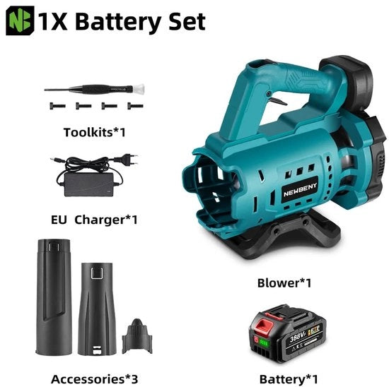 Aspiratore a Turbo Elettrico - 2000w - Incluso 1 Batteria e kit di strumenti - Giardinaggio - Senza Fili - Manuale - 18500 giri al minuto - Ventilatore a Getto - Per Foglie, Neve e Polvere - Incluso 3 accessori.