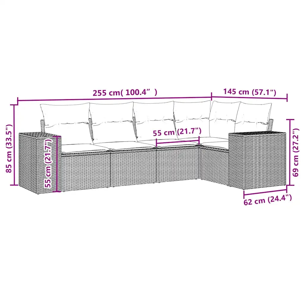 Set Divano da Giardino 5pz con Cuscini Grigio Chiaro Polyrattan
