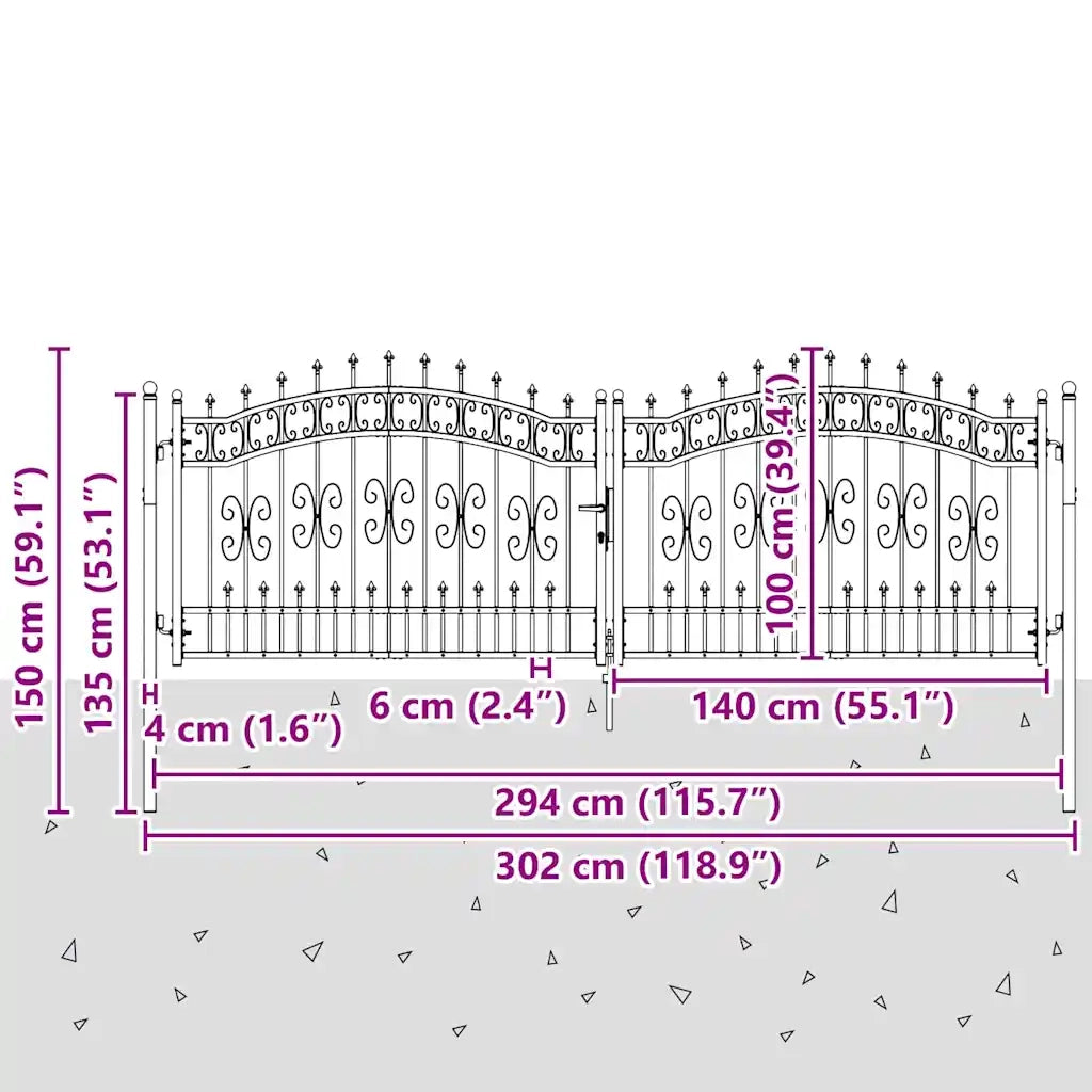 Cancello con Punta a Lancia KAMPEN 305 x 100 cm Acciaio Grigio