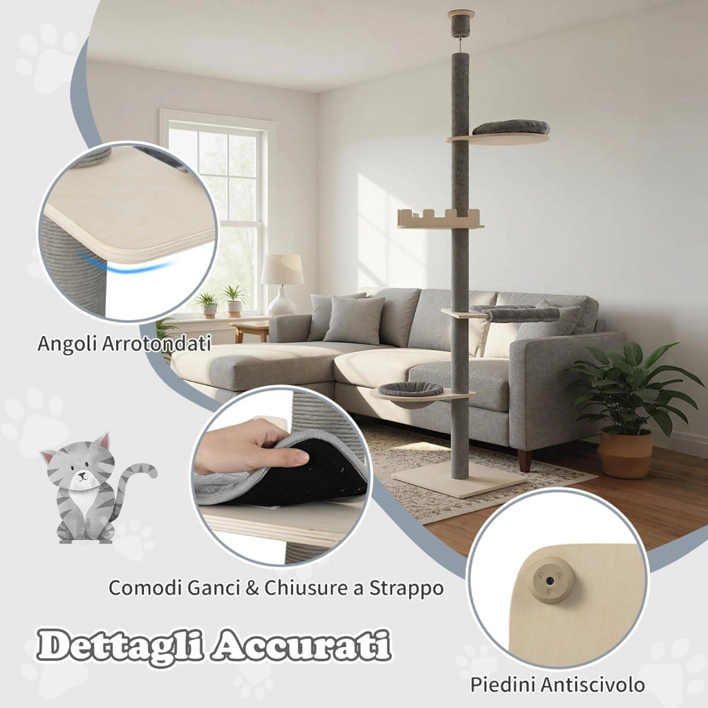 Albero per Gatti da Interno, Tiragraffi per Gatti Regolabile in Altezza da 236 a 271 cm con Piattaforma, Cesta Letto e Tiragraffi, Mobile per Gattini in Legno
