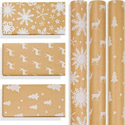Papier da Regalo per Natale 3 Rotoli 43 cm x 3 m Carta di Kraft Naturale Marrone con Elfo Bianco e Fiocco di Neve e Albero di Natale Stampato per Natale Halloween Festa di Compleanno dei Bambini.