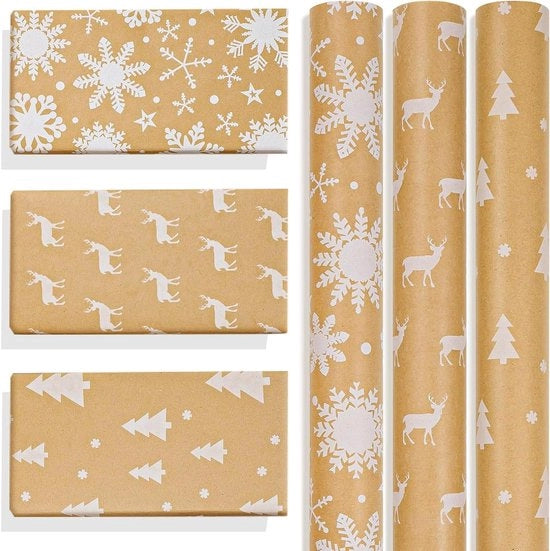 Papier da Regalo per Natale 3 Rotoli 43 cm x 3 m Carta di Kraft Naturale Marrone con Elfo Bianco e Fiocco di Neve e Albero di Natale Stampato per Natale Halloween Festa di Compleanno dei Bambini.