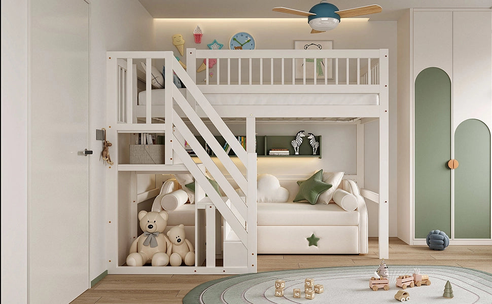 DESMIU Letto a soppalco 1 posto con scala contenitore e barriera, 90 × 200 cm, senza materasso, bianco