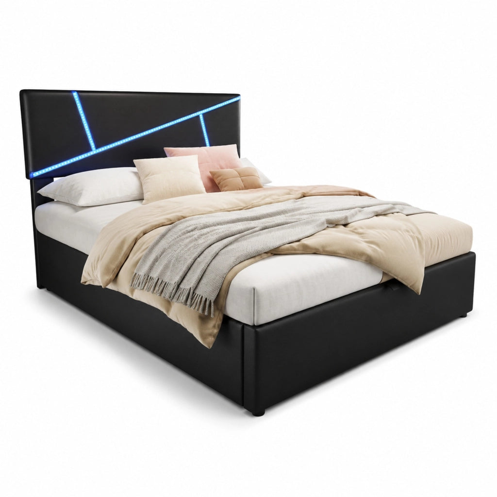 Letto imbottito matrimoniale con LED, contenitore idraulico e rete a doghe, PU nero
