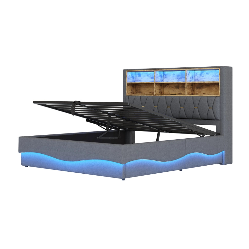 OKWISH Letto Contenitore 180×200 cm, Letto Matrimoniale con LED Regolabile, USB e Vano Contenitore, senza Materasso, in Metallo, Grigio