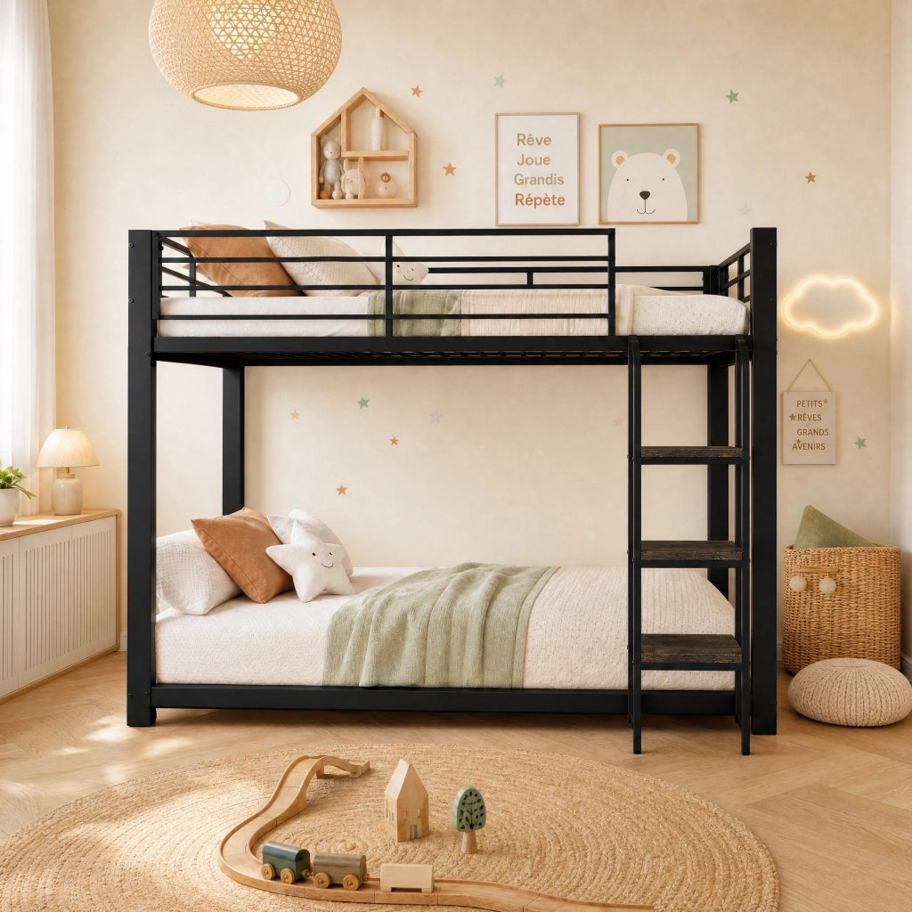 Letto a castello 140 × 200 cm in MDF e metallo nero con stufe in legno e sponda di sicurezza