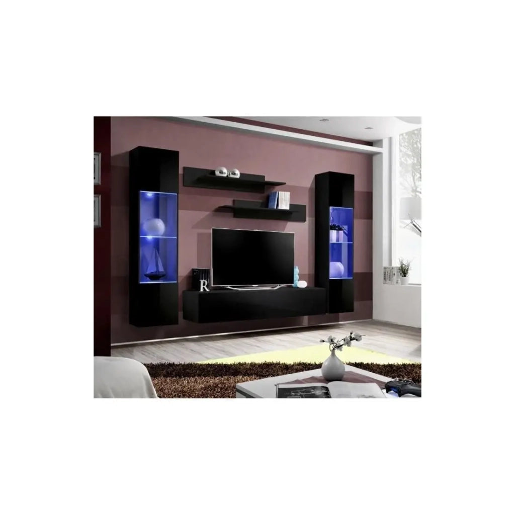 Mobile TV FLY A3 design, colore nero lucido + LED. Mobile sospeso moderno e alla moda per il tuo soggiorno.