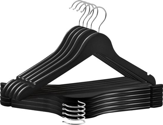 Hanger per abbigliamento in legno - 10 pezzi, Spaziale, Hanger girevole 360°, Hanger per pantaloni antiscivolo, Nero