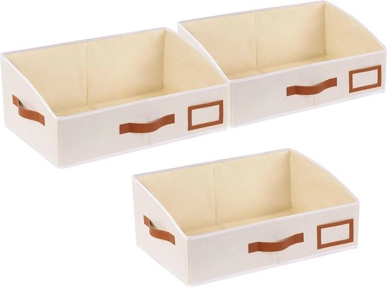 Cestelli di Archiviazione per Armadio, con Maniglia, a Profilo Trapezoidale, Box di Archiviazione Pieghevole, Utilizzato per Organizzare Scatole, Armadi, Libri, Giochi, Abiti, 50 x 29 x 21 cm (Beige, Pacchetto da 3)