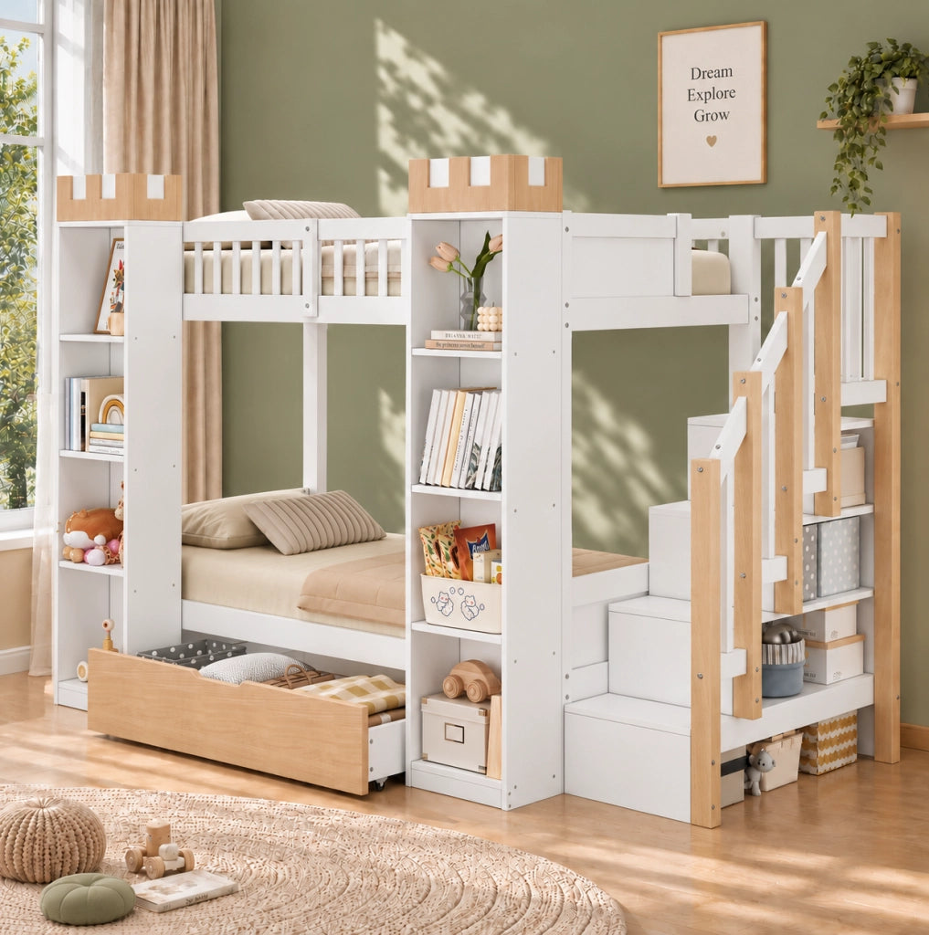 Letto a castello per bambini 90x200 cm con scala contenitore; cassetti e ripiani; bianco