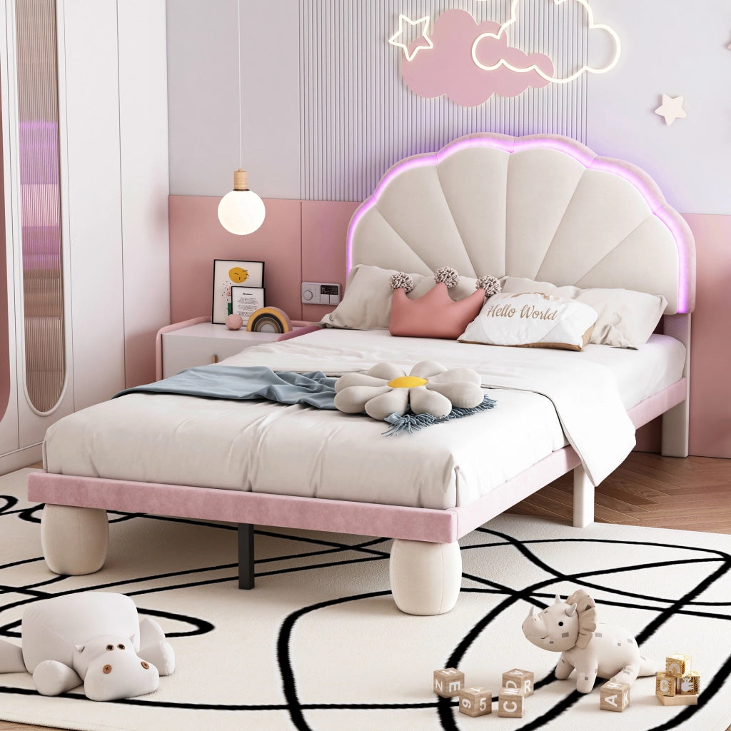 LETTO imbottito 90x200 cm in velluto Beige+Rosa con strisce LED multicolore