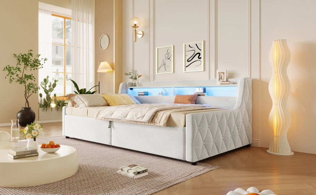Letto singolo 90x200 cm imbottito in velluto beige con contenitore e illuminazione LED