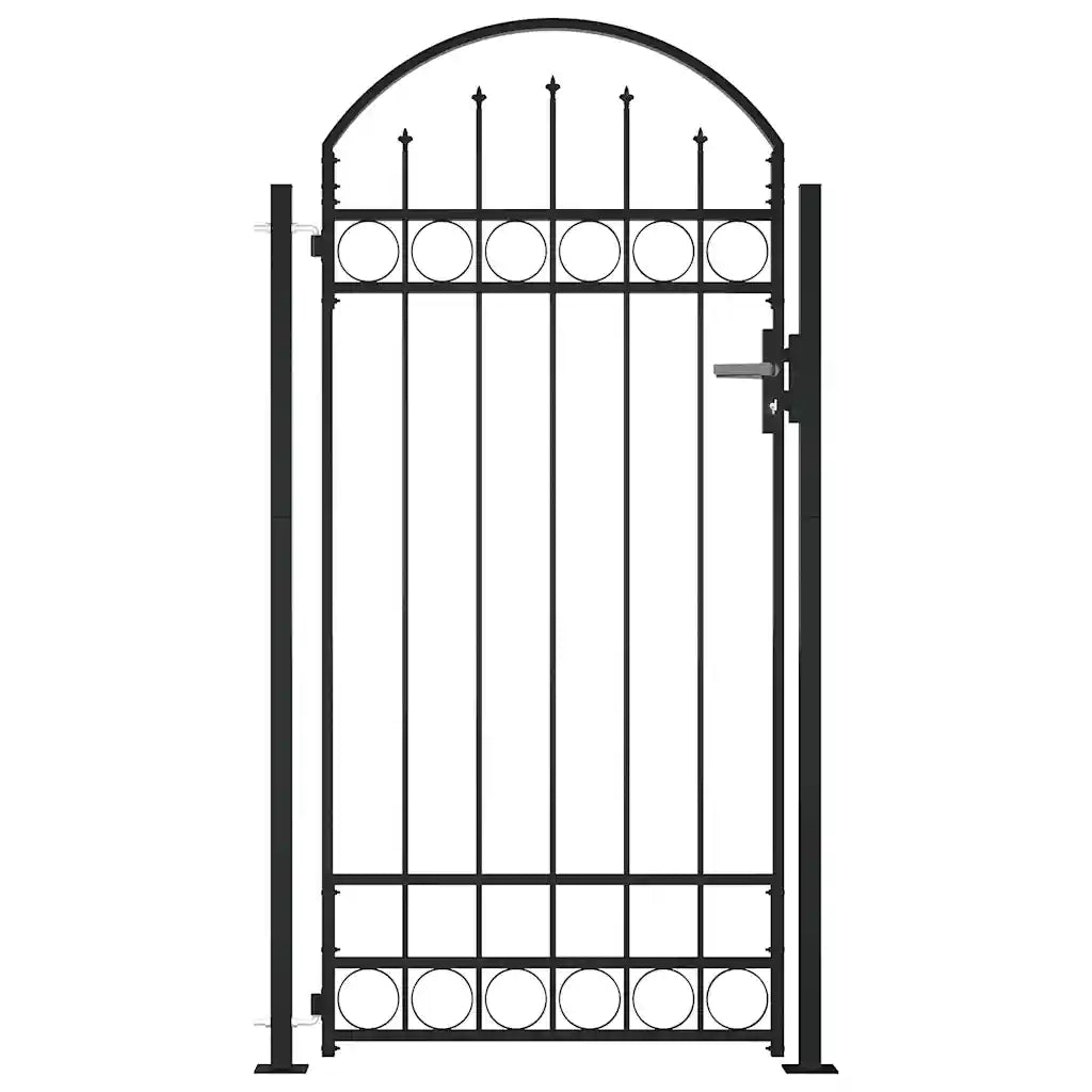 Cancello per recinzione ASSEN con parte superiore ad arco e 2 pali 105x170 cm Nero 145751
