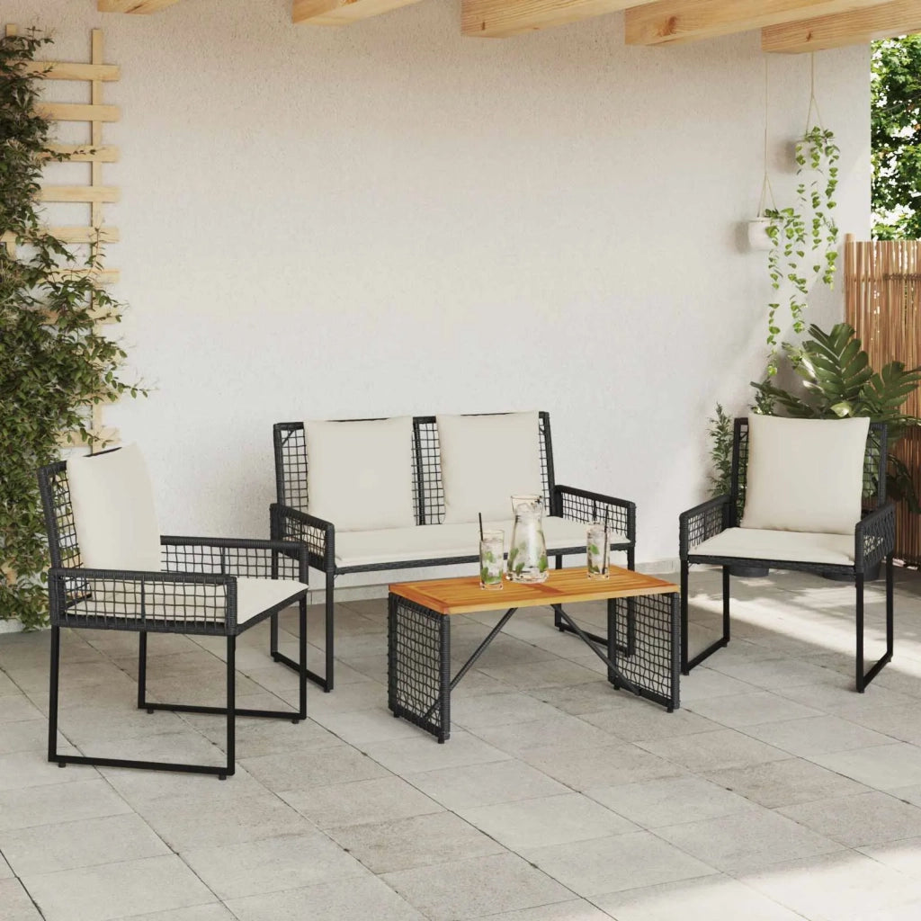 Set di Mobili da Esterno con cuscino 4 pcs Nero e Bianco Crema