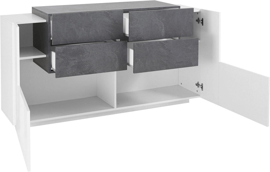 Credenza 2 Ante Battenti e 4 Cassetti 160x86x45 cm New Coro Bianco Lucido e Ardesia