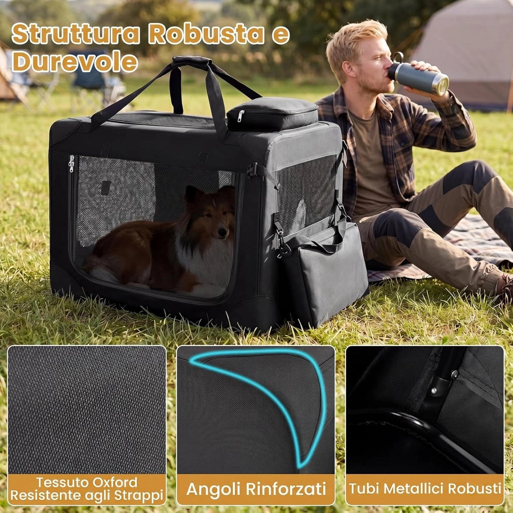 Trasportino per Cani e Gatti, Borsa per Cani Pieghevole e Traspirante con Morbido Cuscino, Parte Superiore Apribile, 2 Tasche Portaoggetti e 2 Manici per Animali Domestici (M,Nero)