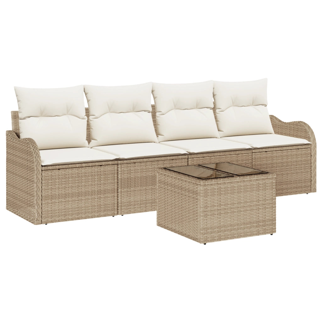 Set Divano da Giardino 5 Pezzi con Cuscini Beige in Rattan Polietilene