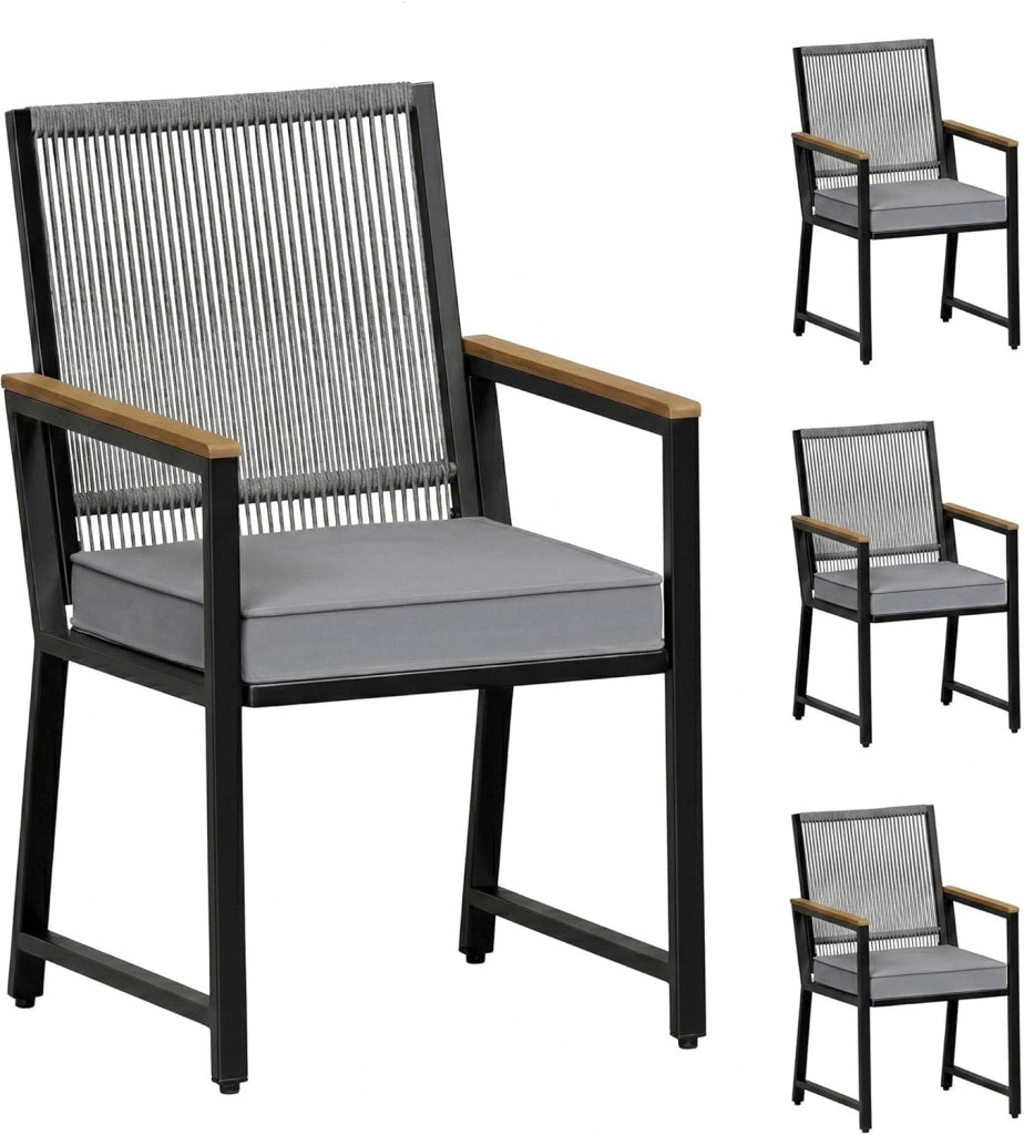 Set di 4 sedie da giardino in rattan, resistenti alle intemperie, con braccioli in WPC, sedie per esterni con cuscino rimovibile, sedie da pranzo in metallo, portata fino a 160 kg, per
