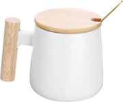 Caffè in ceramica con maniglia in legno 30 ml | Grande tazza artigianale facile da usare | Coperchio e cucchiaio | Ufficio, cucina, casa e regalo | Bianco