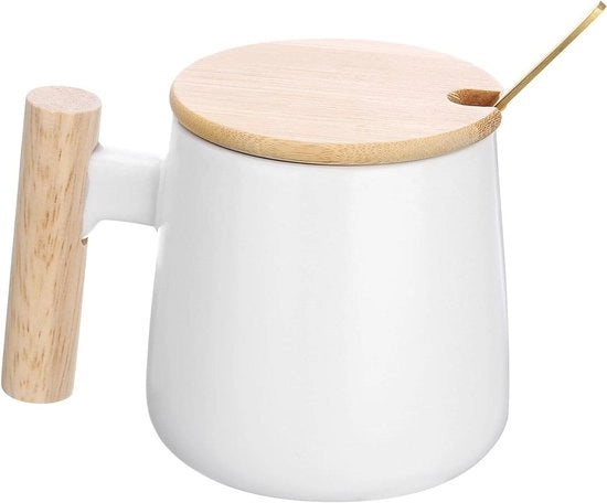 Caffè in ceramica con maniglia in legno 30 ml | Grande tazza artigianale facile da usare | Coperchio e cucchiaio | Ufficio, cucina, casa e regalo | Bianco