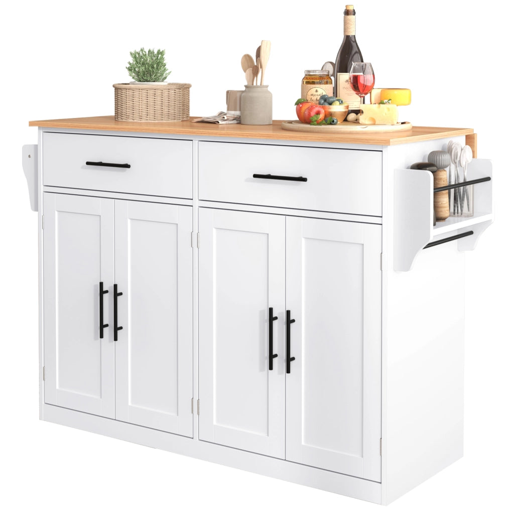 Isola da Cucina Mobile 120x46/70x91 cm Bianca con Piano Ribaltabile; 2 Cassetti; Ruote e Gambe in Legno