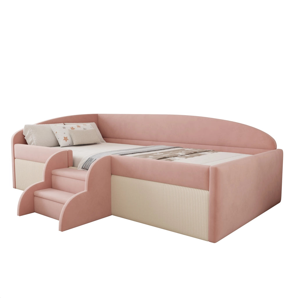 Letto imbottito 90x190 cm con scalini e sponde; velluto rosa e bianco