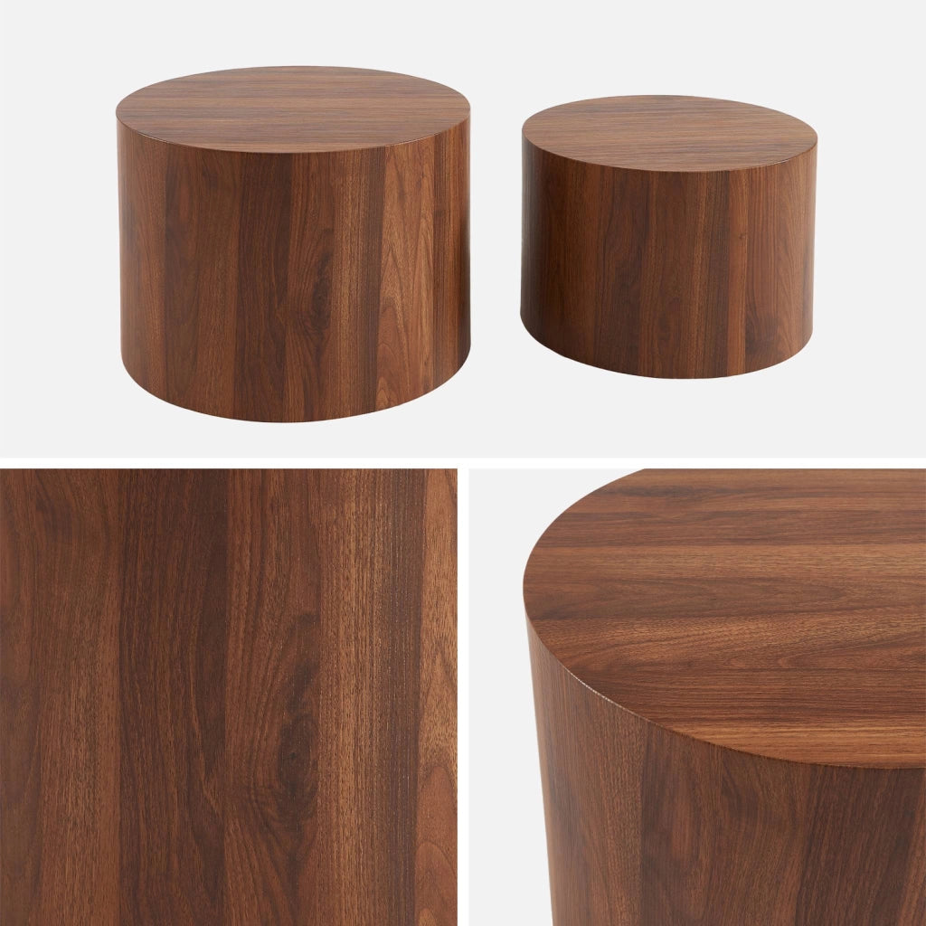 Set di 2 tavolini rotondi impilabili effetto quercia, noce