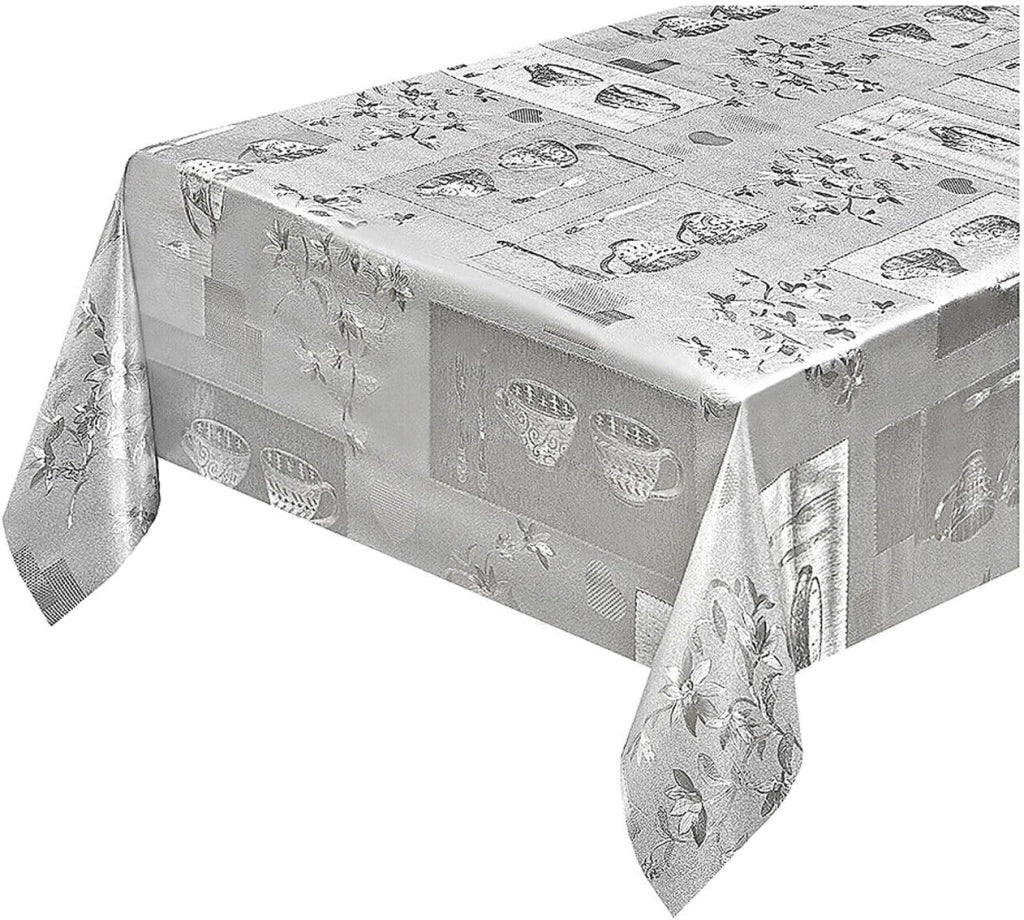 Tovaglia Cucina Antimacchia 140x260 Cm Metallizzata Lucida Grigia Copritavolo Pvc Decorato Dis_D
