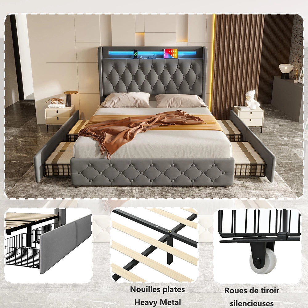 Letto imbottito 140x190 - Xylo - LED, USB, testiera con scaffali, 4 cassetti, velluto