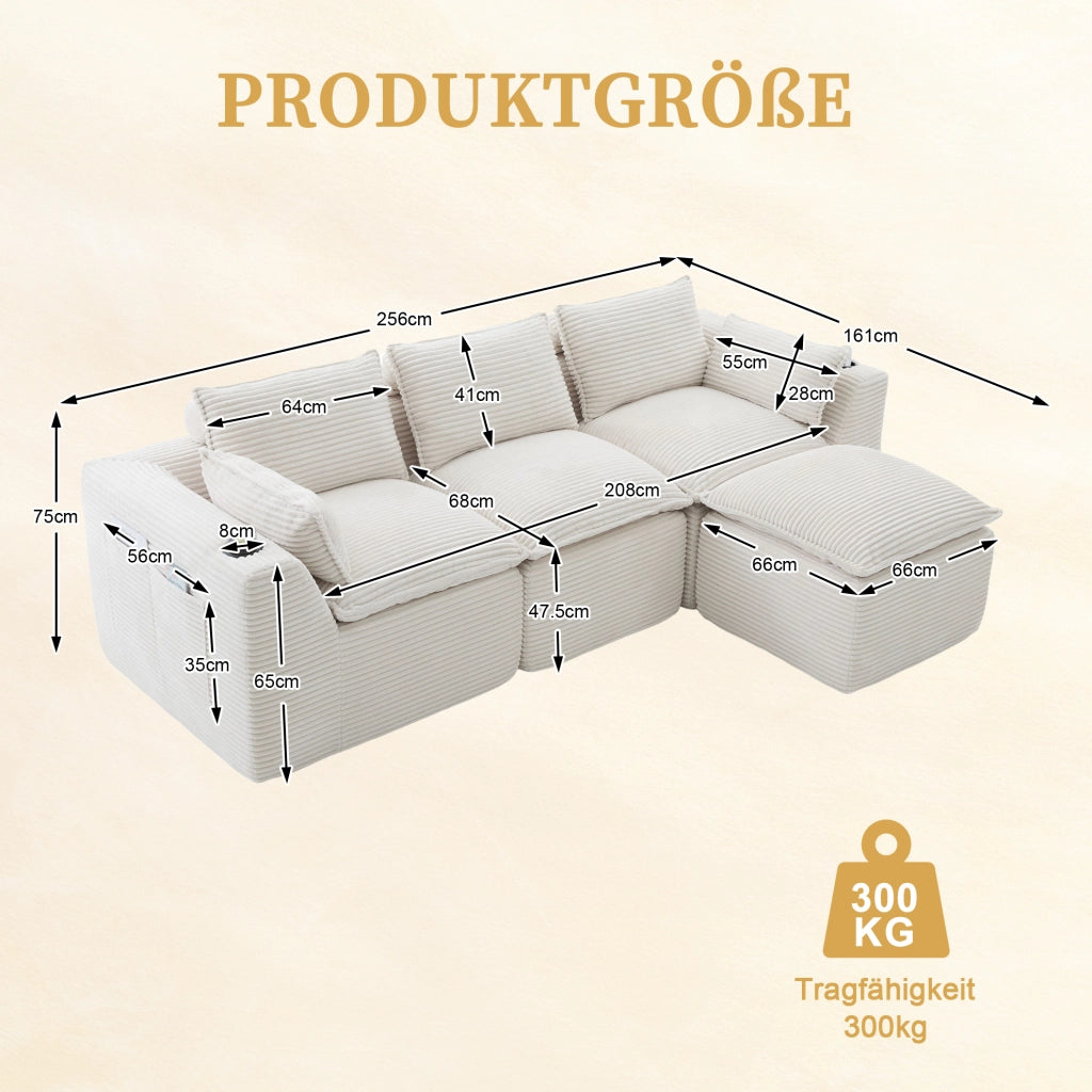 Divano modulare 3 posti in tessuto beige a coste con pouf, cuscini, portabicchieri e tasche laterali