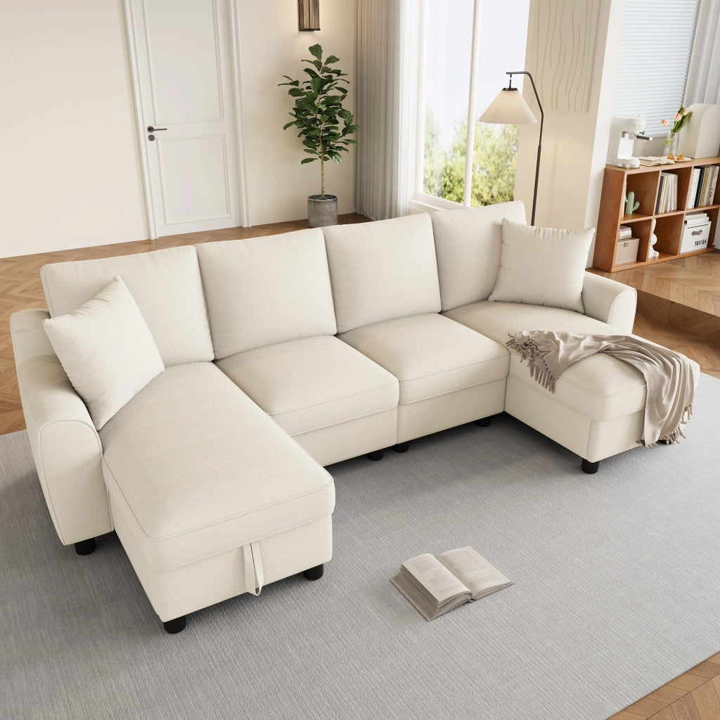 Divano modulare a U con contenitore e 2 cuscini - in chenille beige - 280 × 137 × 84 cm
